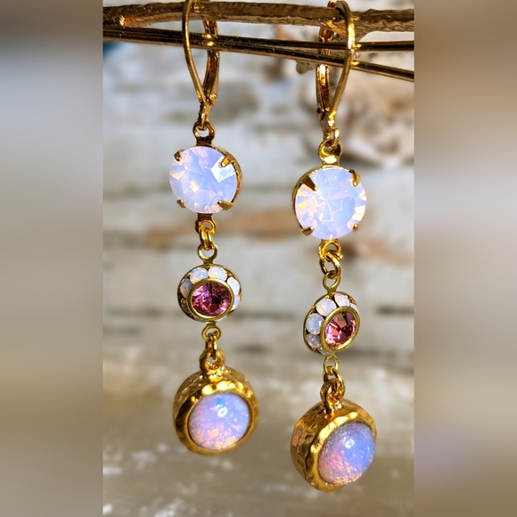 Pink Mystic Fire Opal & Swarovski Rose Opal W/ Crystal Flower Dangle Earrings - Picture 3 of 7
